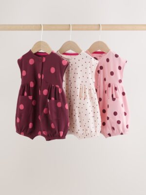 Pink Polka Dot Button Through Baby Rompers 3 Pack