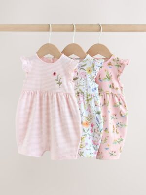 Pink Floral Frill Shoulder Baby Rompers 3 Pack