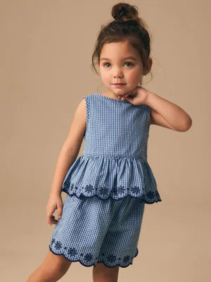 Navy Gingham Blouse And Shorts Co-ord Set