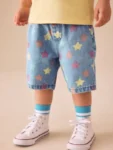 Mid Blue Denim Star Pull On Loose Denim Shorts