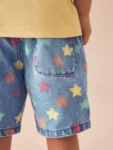 Mid Blue Denim Star Pull On Loose Denim Shorts