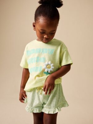 Lime Green Flower Short Sleeve Top and Shorts Set