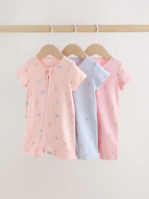 Pink/Blue Two Way Zip Baby Rompers 3 Pack