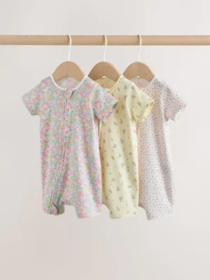Pink/Yellow Two Way Zip Baby Rompers 3 Pack