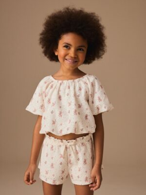 Ecru Ditsy Floral Broderie Bubble Shorts Set