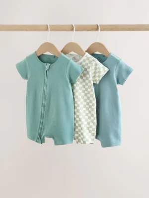 Green Two Way Zip Baby Rompers 3 Pack