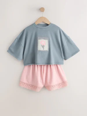 Grey/Pink Flower Detail T-Shirt and Textured Shorts Set