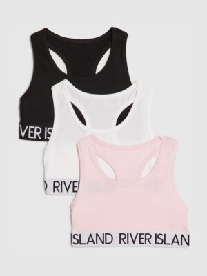 River Island White Logo Waistband Racer Crop Tops 3 pack