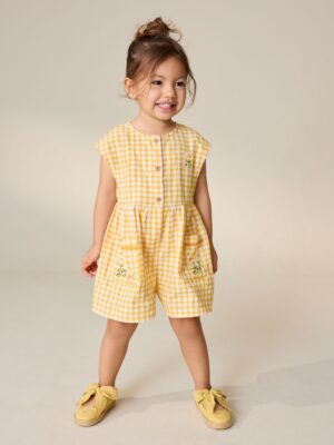 Yellow Gingham Embroidered Sleeveless Playsuit
