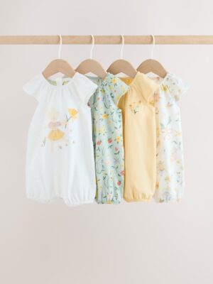 Yellow and Blue Floral Fairy Mouse 4 Pack Jersey Baby Rompers 4 Pack