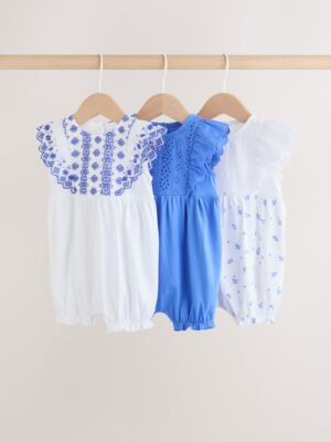 Blue Floral Broderie Broderie 3 Pack Baby Rompers