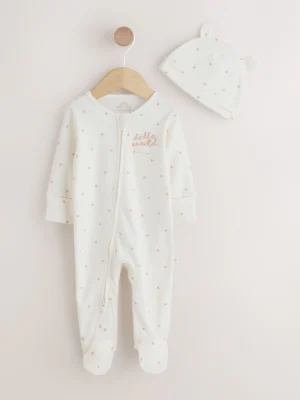 Cream Baby Sleepsuit and Hat Set