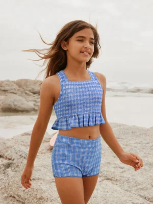 Blue Gingham Texture Crop Top And Shorts Set