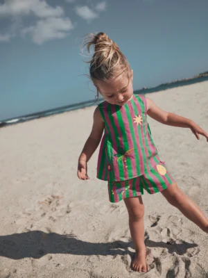 Pink/Green Stripe Embroided Shorts And Top Set