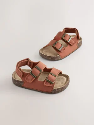 Tan/Brown Standard Fit (F) Double Buckle Cushioned Footbed Sandals