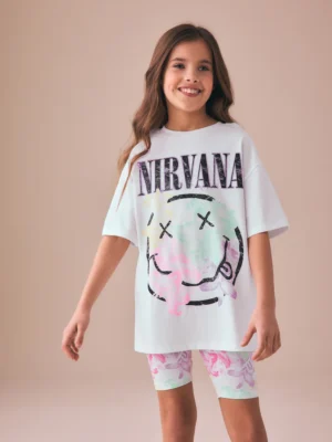 White Nirvana License Oversized T-Shirt and Cycling Shorts Set
