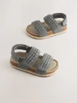 Grey Wide Fit (G) Woven Suede Touch Fastening Sandals