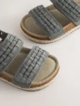 Grey Wide Fit (G) Woven Suede Touch Fastening Sandals