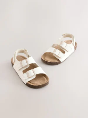 White Wide Fit (G) Double Buckle Cushioned Footbed Sandals