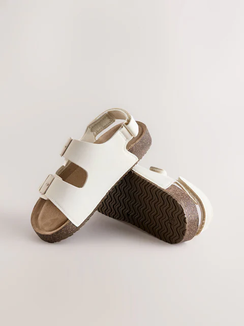 White Wide Fit (G) Double Buckle Cushioned Footbed Sandals