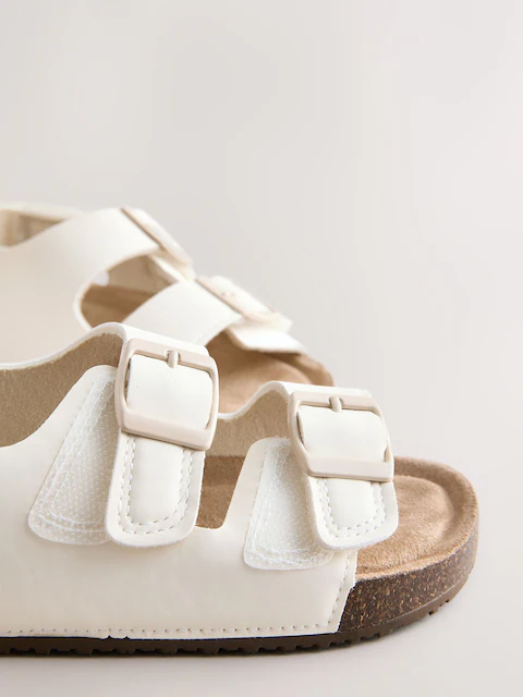 White Wide Fit (G) Double Buckle Cushioned Footbed Sandals