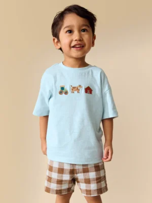 Blue Farm Trio Embroidery Short Sleeve Appliqué T-Shirt