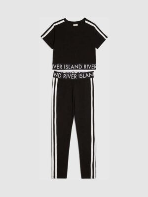 River Island Black Logo Stripe Top & Leggings Set
