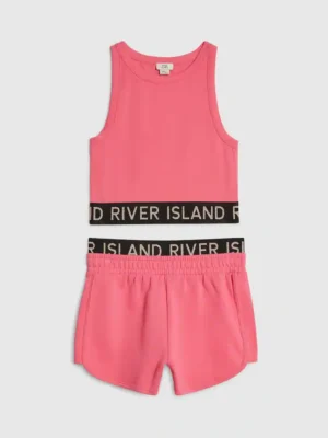River Island Pink Logo Tank & Runner Short Set
