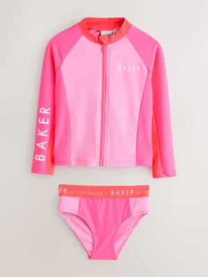 Baker by Ted Baker 3 Piece Pink Colour Block Rash Vest and Bikini Set