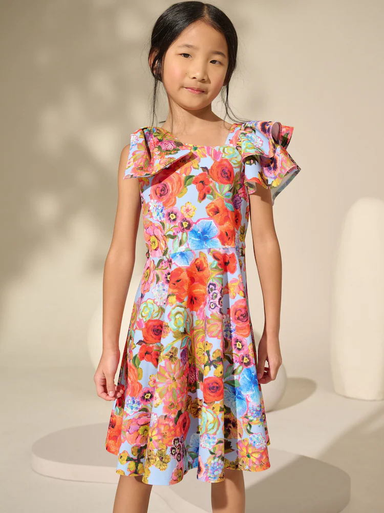 Blue Floral Print Shoulder Detail Summer Dress