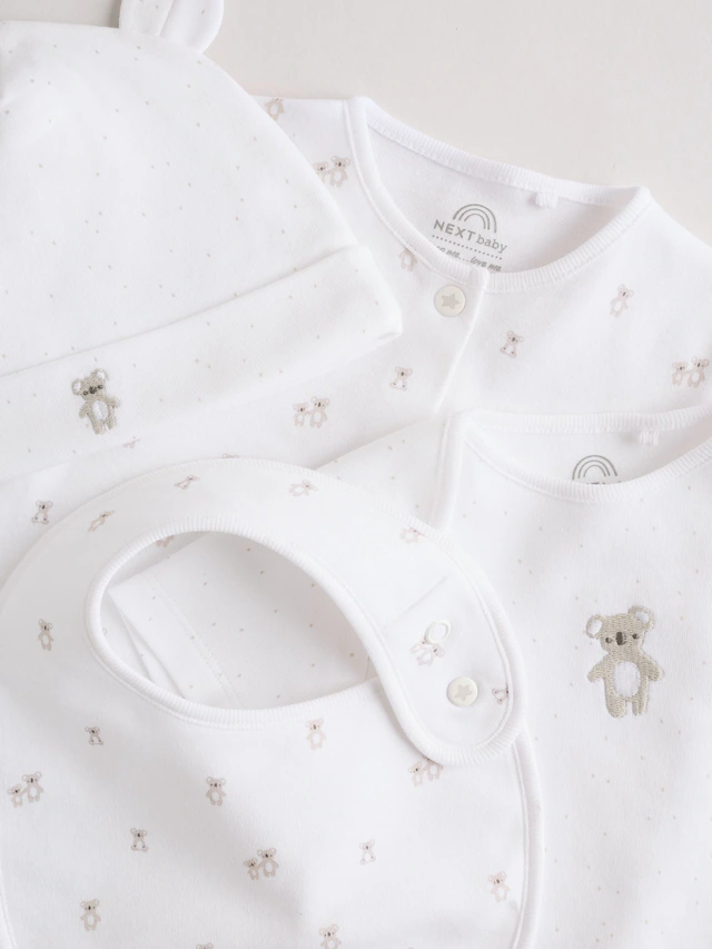 White Baby Sleepsuit, Bodysuit, Beanie and Bib Set 4 Piece