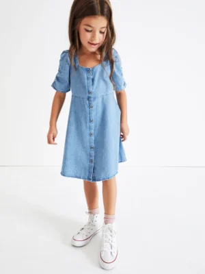 Blue Denim Ruched Sleeve Tea Dress