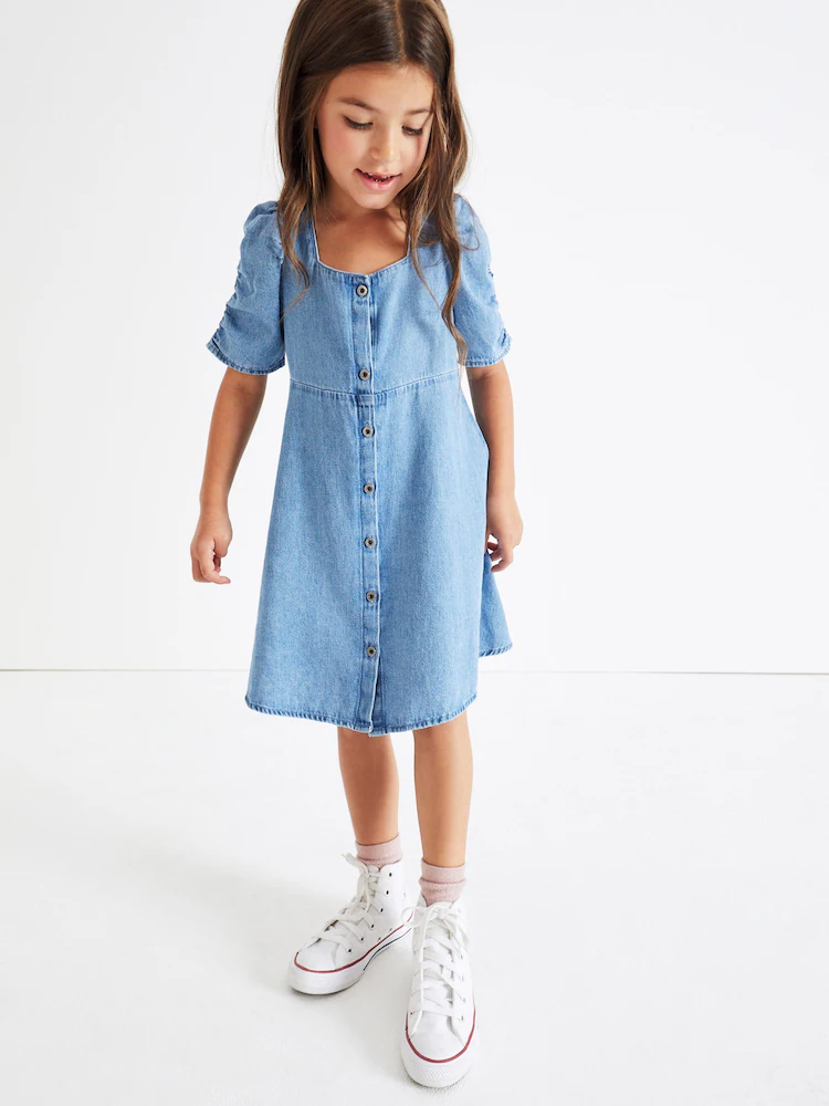 Blue Denim Ruched Sleeve Tea Dress