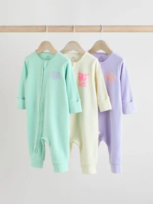 Multi 3 Pack Two Way Zip Baby Sleepsuits (0mths-3yrs)