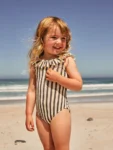 Black/White Stripe Frill Neck Swimsuit
