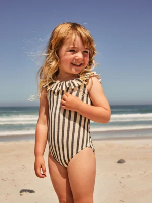 Black/White Stripe Frill Neck Swimsuit