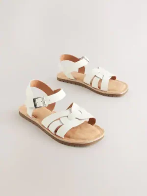 White Wide Fit (G) Leather Woven Sandals