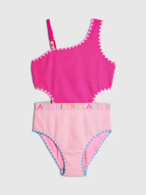 River Island Pink Asymmetric Textured Logo Swimsuit