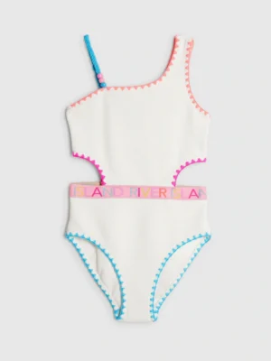 River Island White Asymmetric Textured Logo Swimsuit
