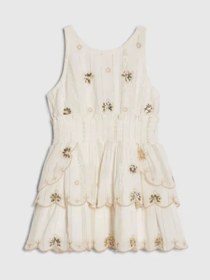 River Island Cream Embellished Scalloped Shirred Dress