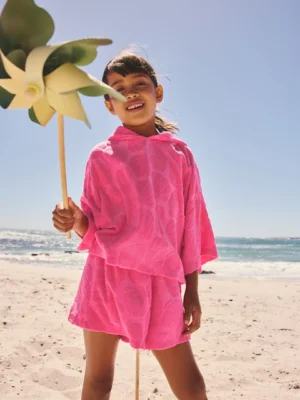 Pink Shell Towelling Hoodie And Shorts Set