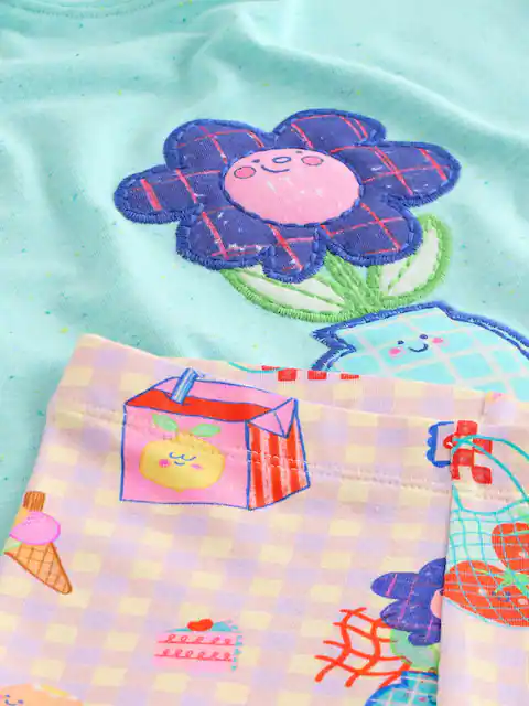 Blue Flower Short Sleeve T-Shirt and Cycle Shorts Set