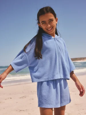 Blue Towelling Zip Hoodie And Shorts Set
