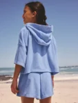 Blue Towelling Zip Hoodie And Shorts Set