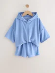 Blue Towelling Zip Hoodie And Shorts Set