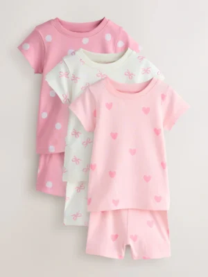 Pink Bow and Heart Print Short Pyjamas 3 Pack