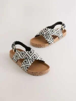 Black/White Woven Geo Cross Strap Sandals