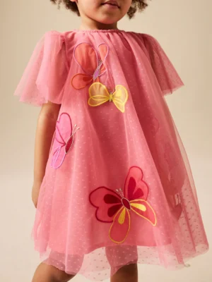 Coral Butterfly Angel Sleeve Mesh Dress