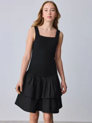 Baker by Ted Baker Drop Waist Cotton Mix Tiered Black Dress