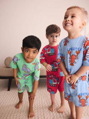 Blue/Green/Red Dino, Digger and Lobster Mixed Short Pyjamas 3 Pack